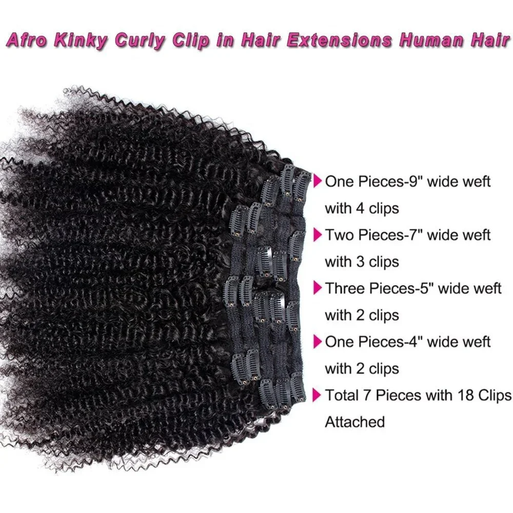 Kinky Curly Clip In Extensions Human Hair 14 Inch Natural Black 7Pcs